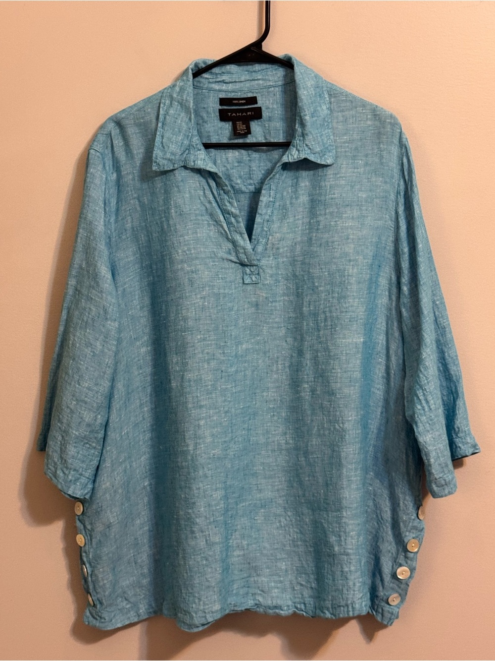 Tahari 2X 100% Linen Blue Tunic Blouse 3/4 Sleeve Side Button Plus Size
